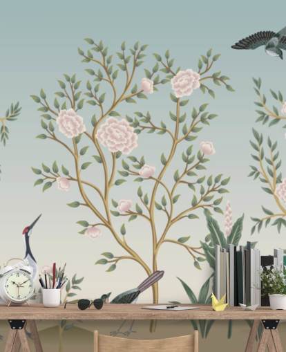 blue chinoiserie wallpaper mural called Blue Chinoiserie Bird Sanctuary for bedrooms and living rooms