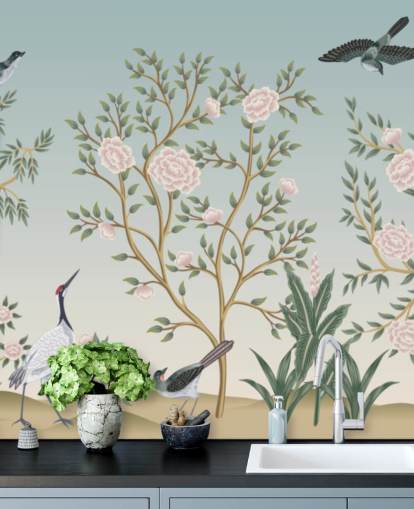 sininen chinoiserie-taustakuvamaalaus nimeltä Blue Chinoiserie Bird Sanctuary makuuhuoneisiin ja olohuoneisiin