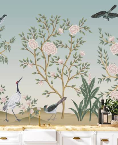 sininen chinoiserie-taustakuvamaalaus nimeltä Blue Chinoiserie Bird Sanctuary makuuhuoneisiin ja olohuoneisiin