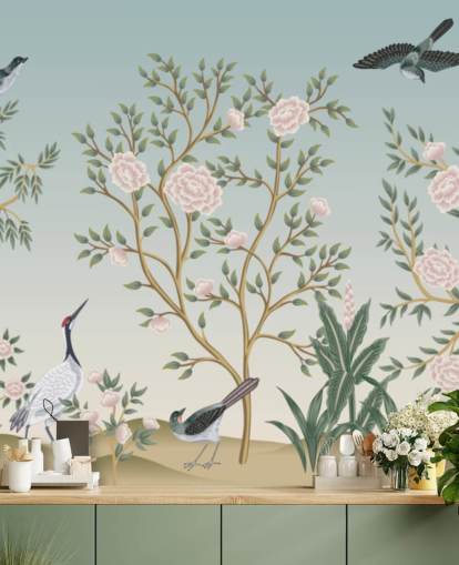 papier peint mural de chinoiserie bleue appelé Blue Chinoiserie Bird Sanctuary pour les chambres et les salons