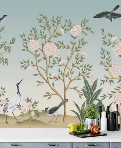 papier peint mural de chinoiserie bleue appelé Blue Chinoiserie Bird Sanctuary pour les chambres et les salons papier peint mural de chinoiserie bleue appelé Blue Chinoiserie Bird Sanctuary pour les chambres et les salons