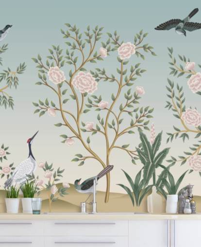 blue chinoiserie wallpaper mural called Blue Chinoiserie Bird Sanctuary for bedrooms and living rooms