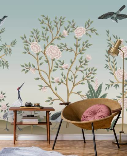 blaues Chinoiserie-Tapetenbild namens Blue Chinoiserie Bird Sanctuary für Schlafzimmer und Wohnzimmer