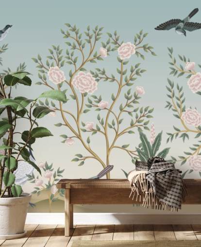blå chinoiserie tapetmaleri kalt Blue Chinoiserie Bird Sanctuary for soverom og stuer