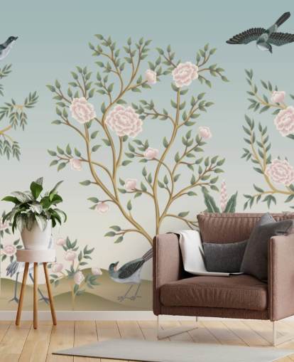 blå chinoiserie tapetväggmålning kallad Blue Chinoiserie Bird Sanctuary för sovrum och vardagsrum blå chinoiserie tapetväggmålning kallad Blue Chinoiserie Bird Sanctuary för sovrum och vardagsrum
