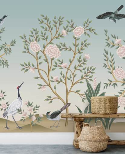 blauwe chinoiserie behangmuurschildering genaamd Blue Chinoiserie Bird Sanctuary voor slaapkamers en woonkamers blauwe chinoiserie behangmuurschildering genaamd Blue Chinoiserie Bird Sanctuary voor slaapkamers en woonkamers