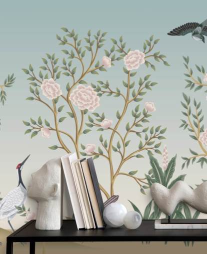 mural de papel pintado de chinoiserie azul llamado Blue Chinoiserie Bird Sanctuary para dormitorios y salas de estar mural de papel pintado de chinoiserie azul llamado Blue Chinoiserie Bird Sanctuary para dormitorios y salas de estar