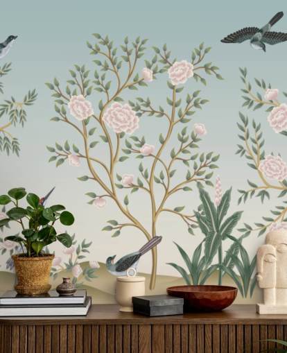 blå chinoiserie tapetmaleri kaldet Blue Chinoiserie Bird Sanctuary til soveværelser og stuer blå chinoiserie tapetmaleri kaldet Blue Chinoiserie Bird Sanctuary til soveværelser og stuer