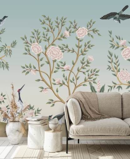 blue chinoiserie wallpaper mural called Blue Chinoiserie Bird Sanctuary for bedrooms and living rooms