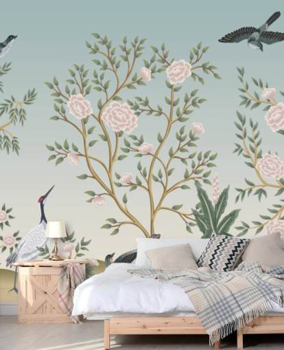 blå chinoiserie tapetmaleri kaldet Blue Chinoiserie Bird Sanctuary til soveværelser og stuer