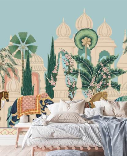 carta da parati cineserie colorata chiamata Chinoiserie Elephant & Horse Procession per camere da letto e salotti