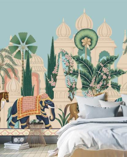 värikäs chinoiserie-taustakuva nimeltä Chinoiserie Elephant & Horse Procession makuuhuoneisiin ja olohuoneisiin värikäs chinoiserie-taustakuva nimeltä Chinoiserie Elephant & Horse Procession makuuhuoneisiin ja olohuoneisiin