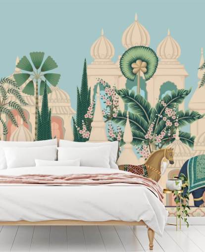 papier peint chinoiserie coloré appelé Chinoiserie Elephant & Horse Procession pour les chambres et les salons