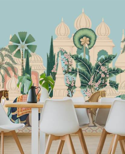 färgglada chinoiserie tapet som heter Chinoiserie Elephant & Horse Procession för sovrum och vardagsrum