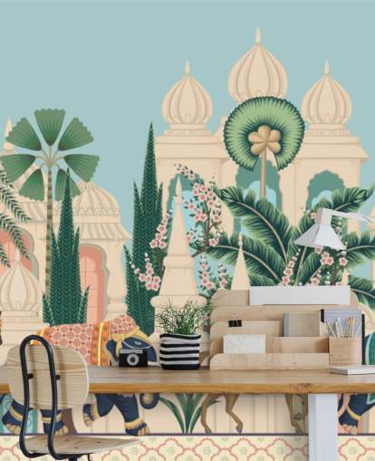 colorful chinoiserie wallpaper called Chinoiserie Elephant & Horse Procession for bedrooms and living rooms