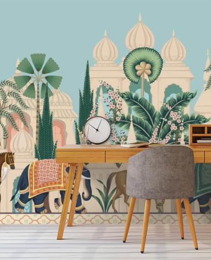 colorful chinoiserie wallpaper called Chinoiserie Elephant & Horse Procession for bedrooms and living rooms