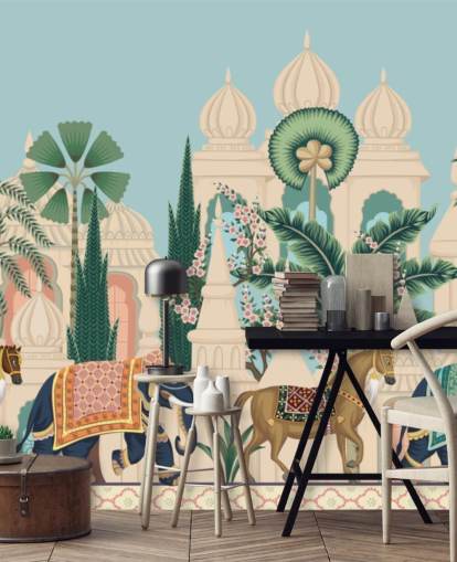 colorful chinoiserie wallpaper called Chinoiserie Elephant & Horse Procession for bedrooms and living rooms