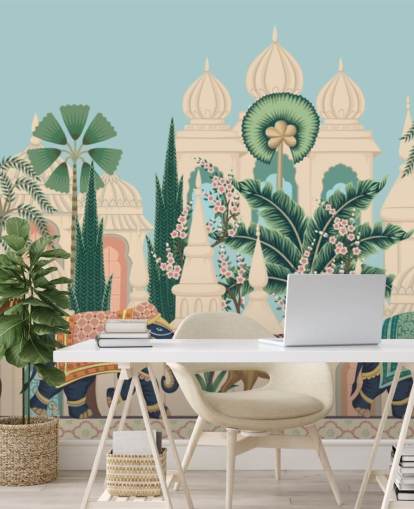 carta da parati cineserie colorata chiamata Chinoiserie Elephant & Horse Procession per camere da letto e salotti carta da parati cineserie colorata chiamata Chinoiserie Elephant & Horse Procession per camere da letto e salotti