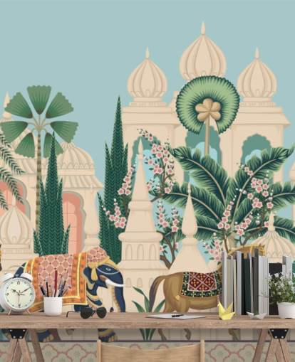 colourful chinoiserie wallpaper called Chinoiserie Elephant & Horse Procession for bedrooms and living rooms colourful chinoiserie wallpaper called Chinoiserie Elephant & Horse Procession for bedrooms and living rooms