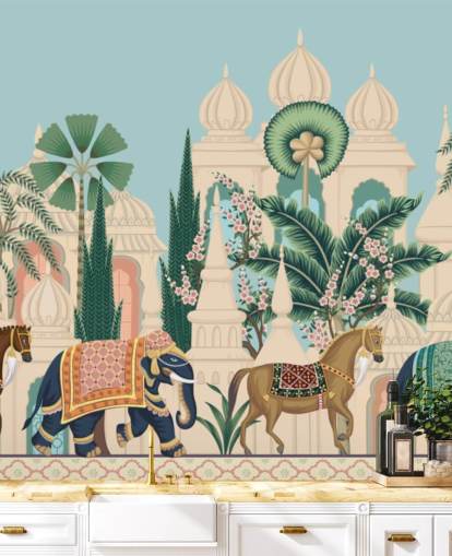 färgglada chinoiserie tapet som heter Chinoiserie Elephant & Horse Procession för sovrum och vardagsrum
