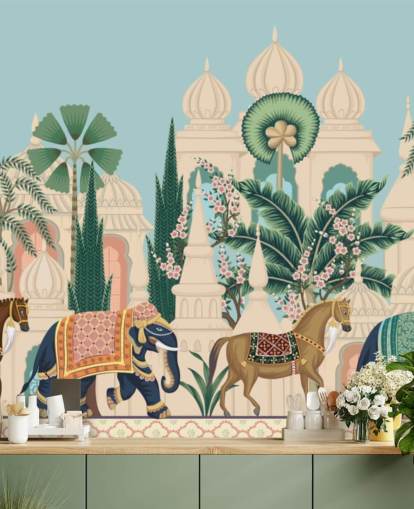 papel de parede colorido de chinoiserie chamado Chinoiserie Elephant & Horse Procession para quartos e salas de estar papel de parede colorido de chinoiserie chamado Chinoiserie Elephant & Horse Procession para quartos e salas de estar