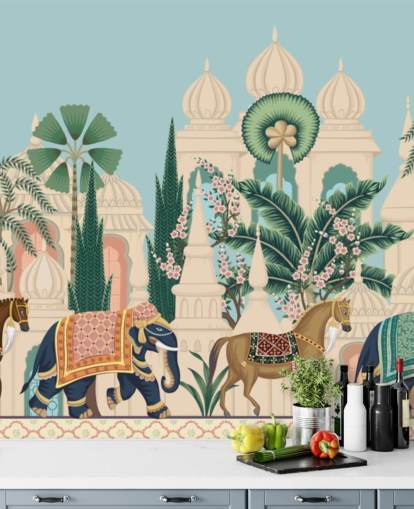 farbenfrohe Chinoiserie-Tapete namens Chinoiserie Elephant & Horse Procession für Schlafzimmer und Wohnzimmer