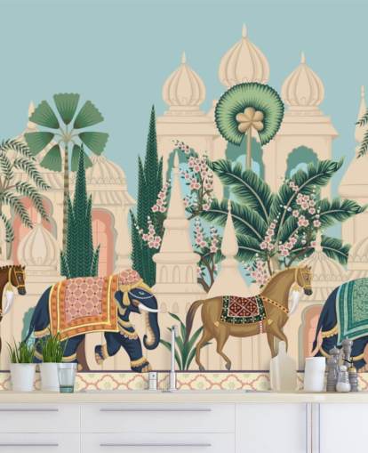 colorful chinoiserie wallpaper called Chinoiserie Elephant & Horse Procession for bedrooms and living rooms