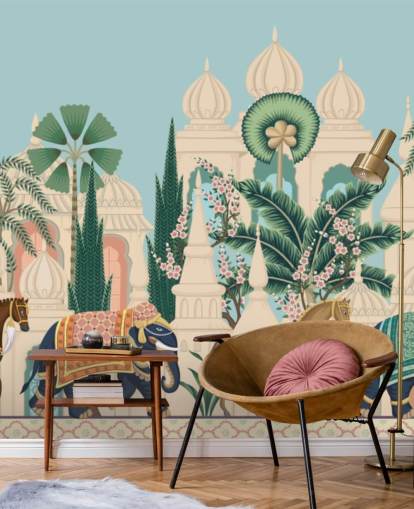 farbenfrohe Chinoiserie-Tapete namens Chinoiserie Elephant & Horse Procession für Schlafzimmer und Wohnzimmer farbenfrohe Chinoiserie-Tapete namens Chinoiserie Elephant & Horse Procession für Schlafzimmer und Wohnzimmer