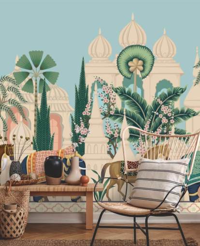 colorful chinoiserie wallpaper called Chinoiserie Elephant & Horse Procession for bedrooms and living rooms colorful chinoiserie wallpaper called Chinoiserie Elephant & Horse Procession for bedrooms and living rooms