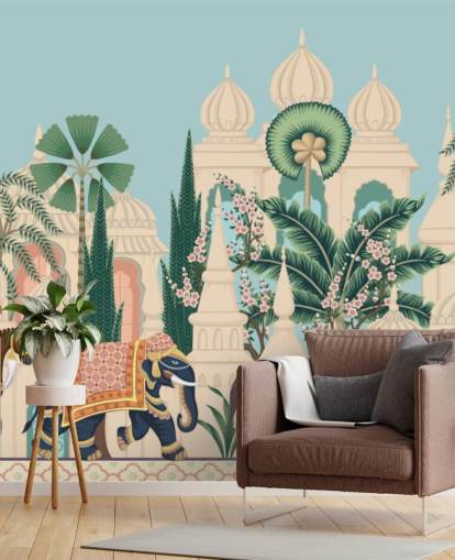 colorful chinoiserie wallpaper called Chinoiserie Elephant & Horse Procession for bedrooms and living rooms