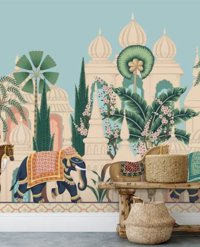 colourful chinoiserie wallpaper called Chinoiserie Elephant & Horse Procession for bedrooms and living rooms