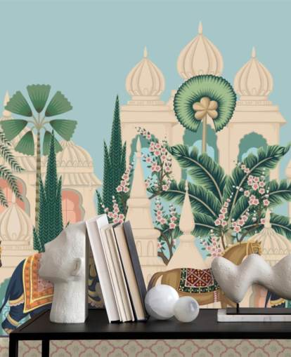 colorido papel pintado de chinoiserie llamado Chinoiserie Elephant & Horse Procesion para dormitorios y salas de estar