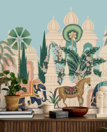 colorful chinoiserie wallpaper called Chinoiserie Elephant & Horse Procession for bedrooms and living rooms colorful chinoiserie wallpaper called Chinoiserie Elephant & Horse Procession for bedrooms and living rooms