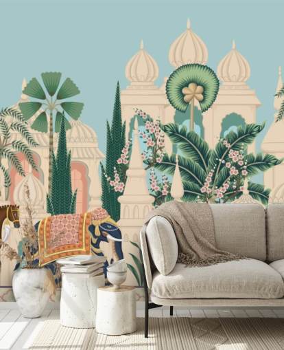 farverigt chinoiserie tapet kaldet Chinoiserie Elephant & Horse Procession til soveværelser og stuer