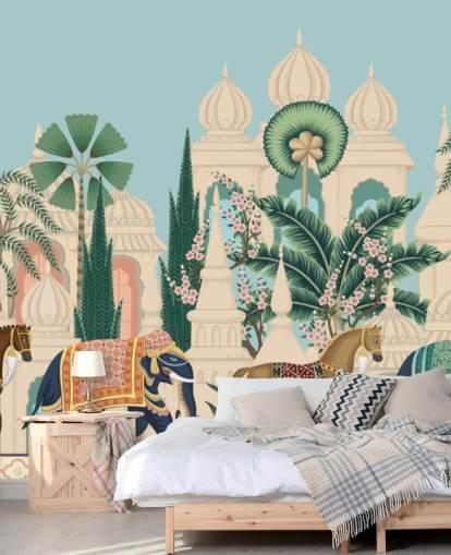 kleurrijk chinoiseriebehang genaamd Chinoiserie Elephant & Horse Procession voor slaapkamers en woonkamers