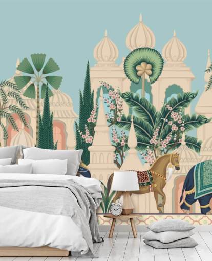 colourful chinoiserie wallpaper called Chinoiserie Elephant & Horse Procession for bedrooms and living rooms
