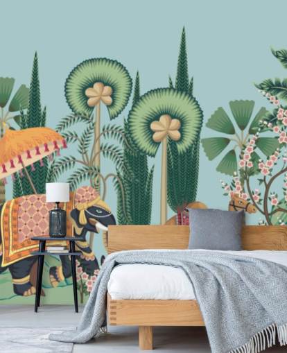 carta da parati murale chinoiserie chiamata Chinoiserie Animal Parade per camere da letto, salotti e corridoi