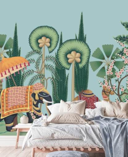 chinoiserie behangmuurschildering genaamd Chinoiserie Animal Parade voor slaapkamers, woonkamers en gangen chinoiserie behangmuurschildering genaamd Chinoiserie Animal Parade voor slaapkamers, woonkamers en gangen