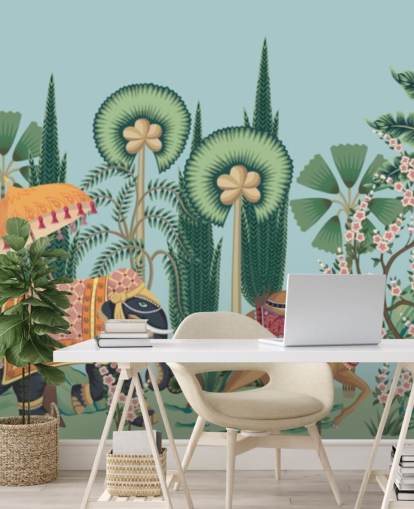 chinoiserie wallpaper mural called Chinoiserie Animal Parade for bedrooms, living rooms and hallways