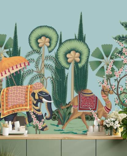 chinoiserie-taustakuvamaalaus nimeltä Chinoiserie Animal Parade makuuhuoneisiin, olohuoneisiin ja käytäviin