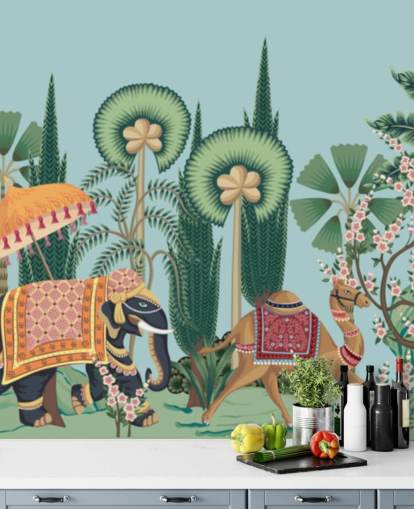 chinoiserie wallpaper mural called Chinoiserie Animal Parade for bedrooms, living rooms and hallways
