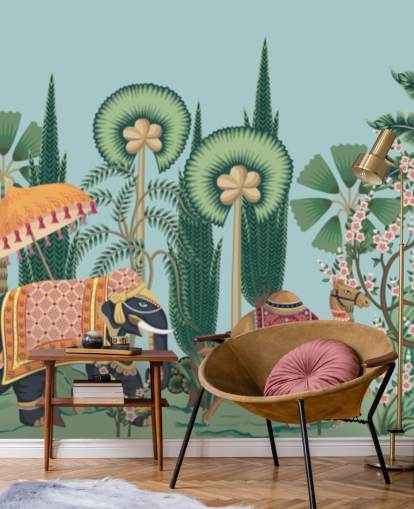 carta da parati murale chinoiserie chiamata Chinoiserie Animal Parade per camere da letto, salotti e corridoi