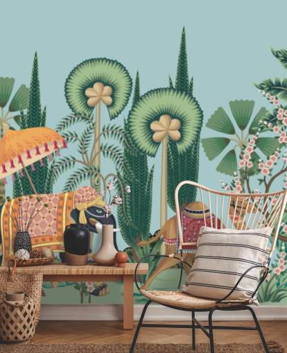 chinoiserie wallpaper mural called Chinoiserie Animal Parade for bedrooms, living rooms and hallways