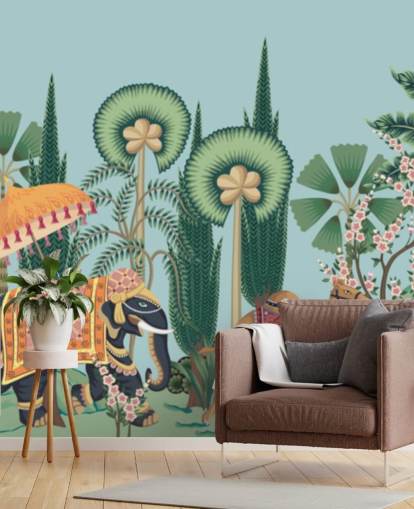 mural de papel pintado de estilo chinoiserie llamado Chinoiserie Animal Parade para dormitorios, salas de estar y pasillos