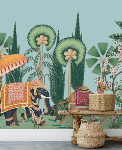 chinoiserie wallpaper mural called Chinoiserie Animal Parade for bedrooms, living rooms and hallways