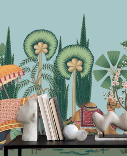 chinoiserie wallpaper mural called Chinoiserie Animal Parade for bedrooms, living rooms and hallways