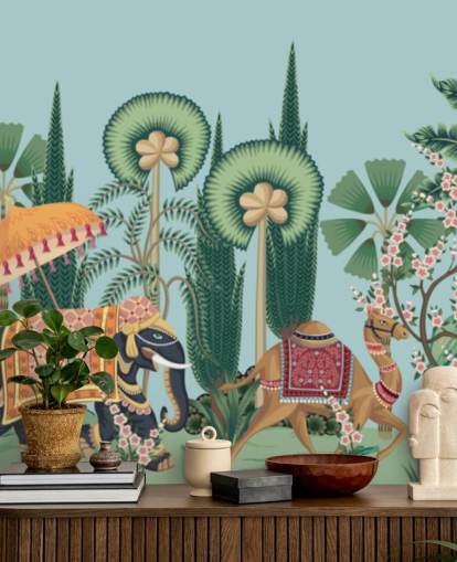 chinoiserie wallpaper mural called Chinoiserie Animal Parade for bedrooms, living rooms and hallways