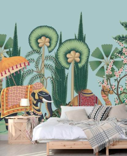 mural de papel pintado de estilo chinoiserie llamado Chinoiserie Animal Parade para dormitorios, salas de estar y pasillos