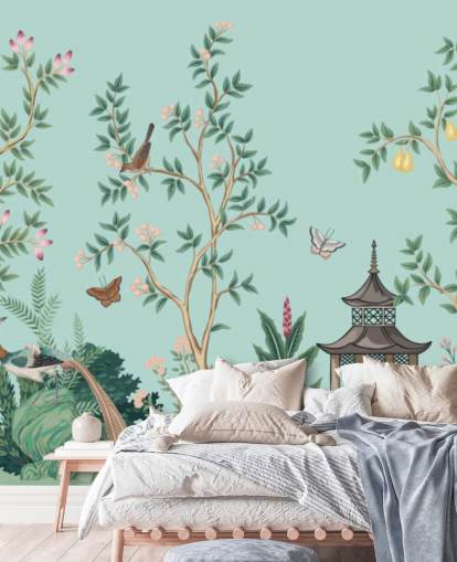 carta da parati murale blu chinoiserie chiamata Chinoiserie Garden and Pagoda per camere da letto e salotti carta da parati murale blu chinoiserie chiamata Chinoiserie Garden and Pagoda per camere da letto e salotti