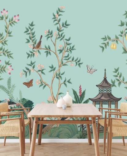 blå chinoiserie tapetväggmålning kallad Chinoiserie Garden and Pagoda för sovrum och vardagsrum blå chinoiserie tapetväggmålning kallad Chinoiserie Garden and Pagoda för sovrum och vardagsrum